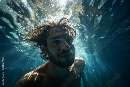 AI generated close up photo picture of happy diver swims underwater blue day light © Tetiana