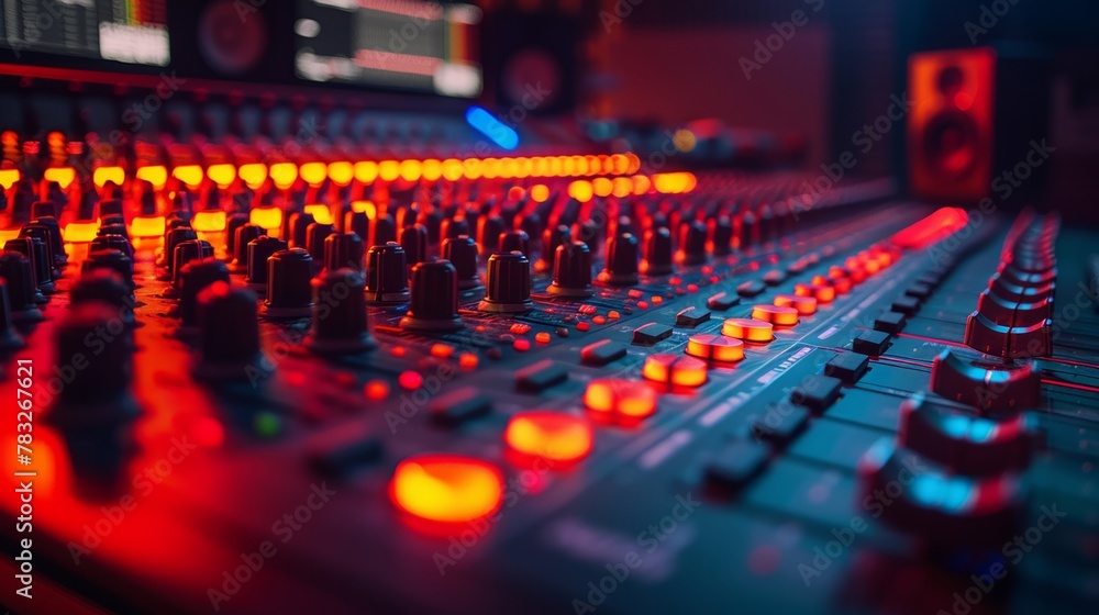 Warm amber lights glow on audio mixer board