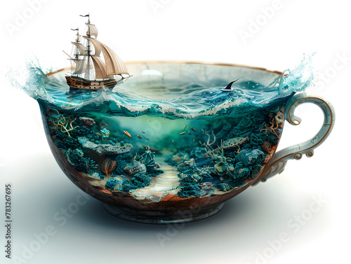 a ship in the ocean in a tea cup. It is tagged as oil painting. photo
