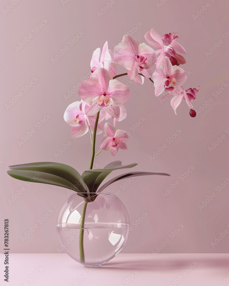 orchid in vase on pink background