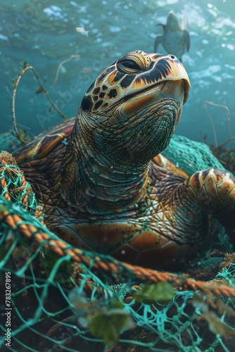 A turtle resting on a fishing net  suitable for environmental themes