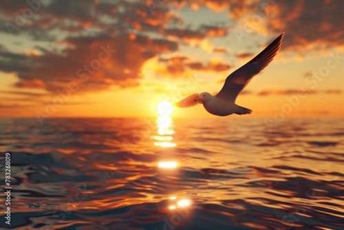 A beautiful image of a seagull soaring over the ocean at sunset. Perfect for travel or nature-themed projects