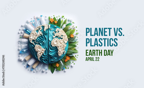 Planet vs. Plastics   Earth day 2024 concept. 3d globe earth made by plastics bottle and other plastic item. details  photo realistic.