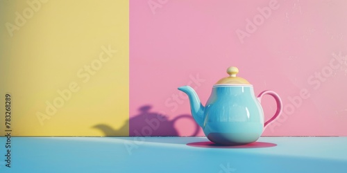A blue teapot sitting on top of a table. Perfect for kitchen and tea-related designs