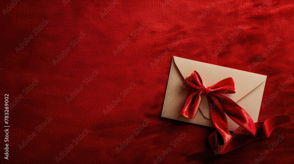 A white envelope with a red bow on a vibrant red background. Perfect for holiday greetings
