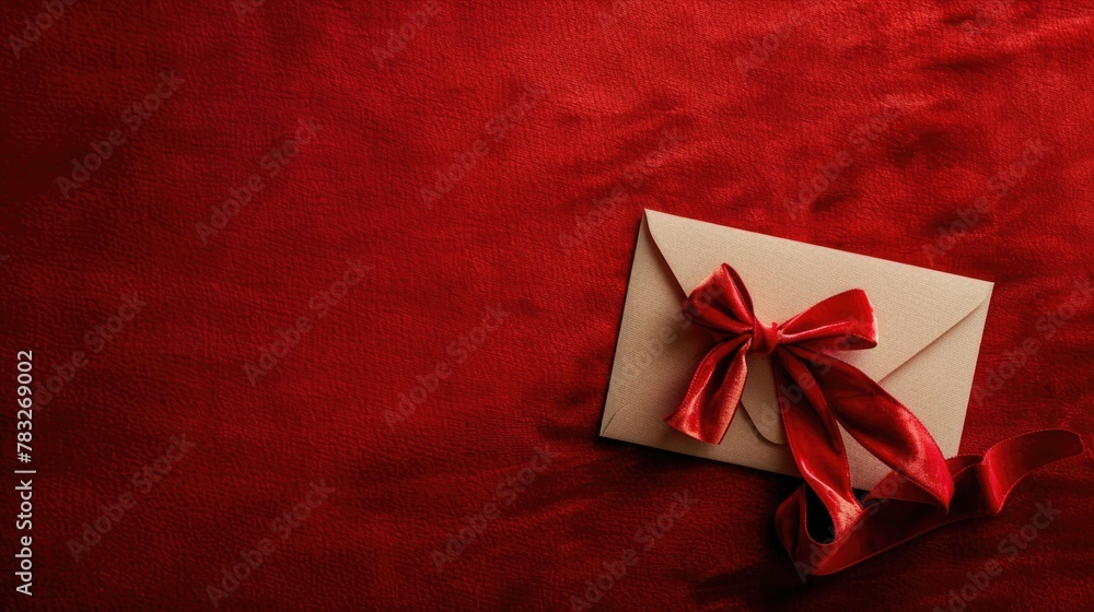 A white envelope with a red bow on a vibrant red background. Perfect for holiday greetings A white envelope with a red bow on a vibrant red background. Perfect for holiday greetings