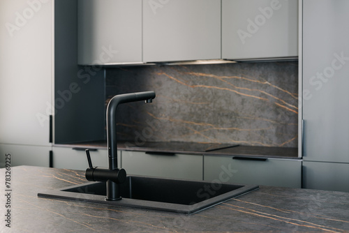 Black sink faucet in sober kitchen photo