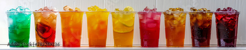 Colorful Assortment of Iced Fruit Drinks in a Row