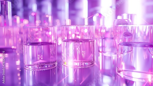 Pink tinted glassware in laboratory setting with purple hues