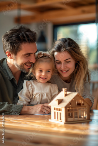 Parents and daughter playing with a wooden house model in the room.