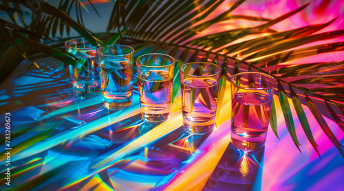 Colorful glasses arranged on palm leaves with colorful shadows 