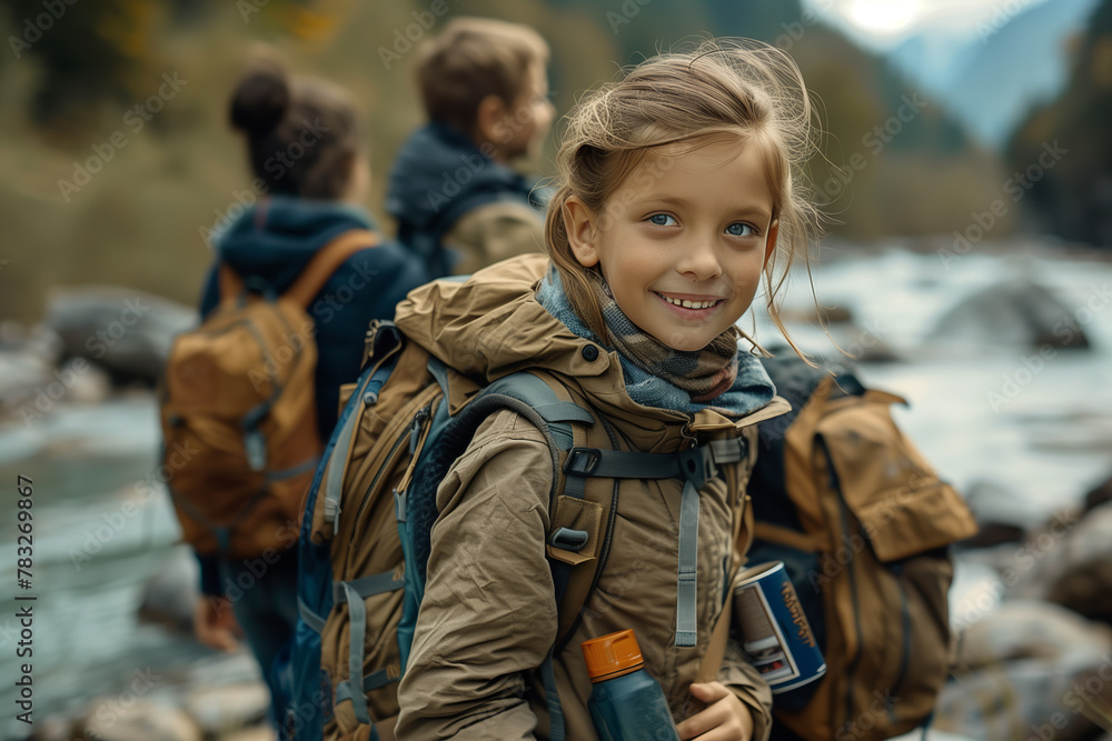 A family hiking in nature together enjoys an outdoor adventure. A family hiking in nature together enjoys an outdoor adventure.