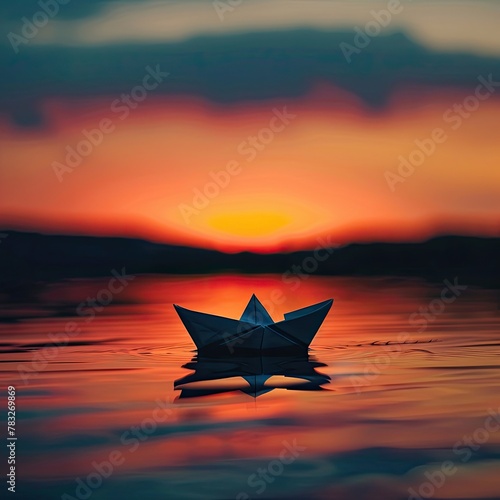 Paper boat on a smooth lake at sunset