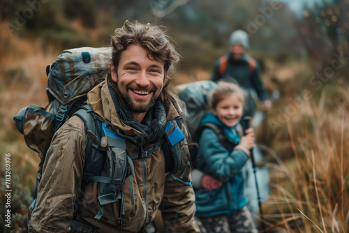 A family hiking in nature together enjoys an outdoor adventure.