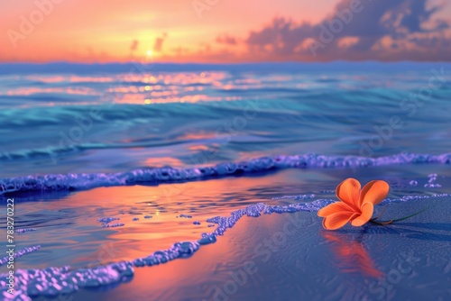 A beautiful flower laying on the sandy beach at sunset. Perfect for travel or nature themed designs