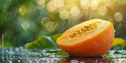 Rainy Delight: Halved Papaya with Seeds and Droplets photo