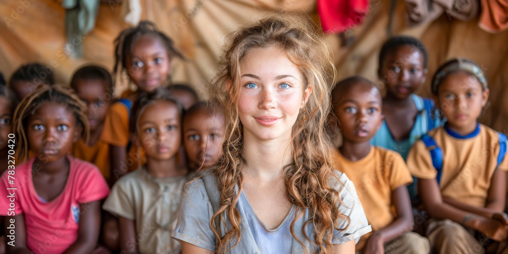 Obraz premium Young Volunteer Girl with Local Children in Rural Classroom Setting
