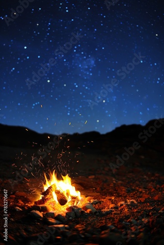 Campfire burning brightly in field under starry sky