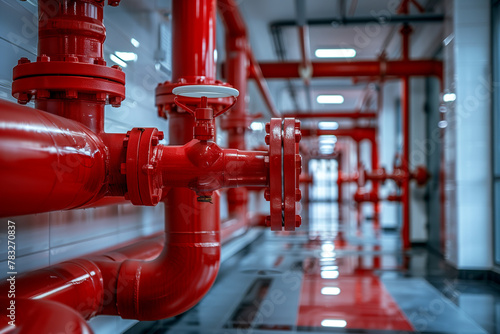 Selective focus of Red water pipes and fire extinguishing system valves in the building.