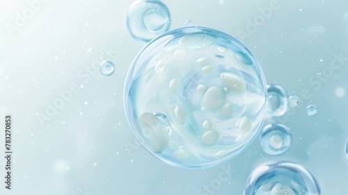 Minimalist, transparent cells floating on a light blue background, surrounded by small cells and bubbles, clean, the whole scene is a soft tone, full of vibrant atmosphere © paisorn