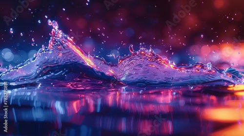 Neon dance of water splash on reflective surface