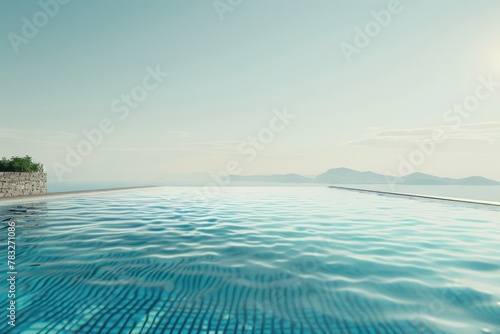 A serene view of the ocean from an empty swimming pool. Ideal for travel and vacation concepts