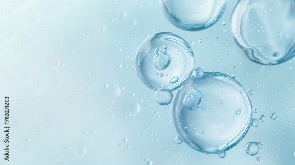 Minimalist, transparent cells floating on a light blue background, surrounded by small cells and bubbles, clean, the whole scene is a soft tone, full of vibrant atmosphere