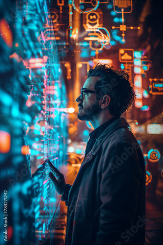 Selective focus of A businessman stands in front of a screen displaying digital media content, a holographic image that illuminates the background as a futuristic scene.