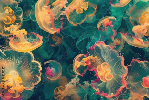 A group of jellyfish swimming in the ocean. Perfect for marine-themed designs