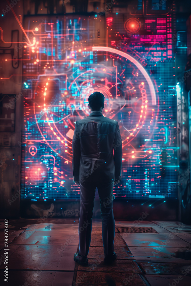 Selective focus of A businessman stands in front of a screen displaying digital media content, a holographic image that illuminates the background as a futuristic scene. Selective focus of A businessman stands in front of a screen displaying digital media content, a holographic image that illuminates the background as a futuristic scene.