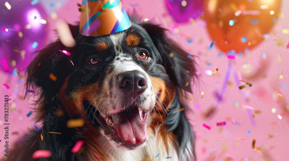 A cute dog wearing a party hat surrounded by colorful confetti. Perfect for celebration concepts