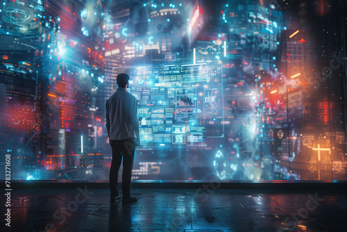 Selective focus of A businessman stands in front of a screen displaying digital media content  a holographic image that illuminates the background as a futuristic scene.