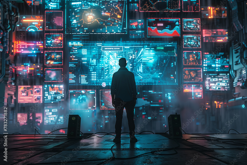 Selective focus of A businessman stands in front of a screen displaying digital media content, a holographic image that illuminates the background as a futuristic scene.