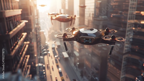 Fototapeta Naklejka Na Ścianę i Meble -  Drone aerial view. Copter flying over the bustling cityscape, delivering packages with precision and efficiency. The city below is a blur of activity, with cars moving along the streets and buildings