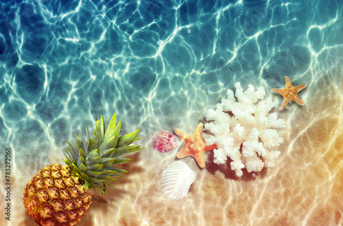 Yellow pineapple, seashells and starfish on a blue water background.
