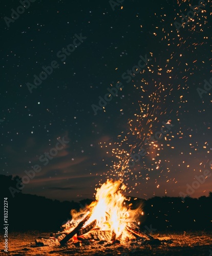 A bonfire illuminates the night sky