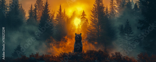 Majestic Lone Bear Witnessing Sunrise in Misty Forest