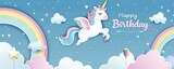 flat illustration of pastel rainbow, white clouds and cute unicorn flying in the sky with text Happy Birthday