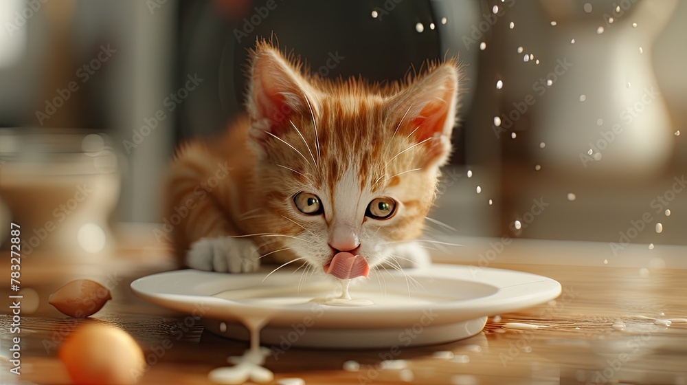 A realistic 3D scene of a kitten lapping milk from a saucer - obrazy, fototapety, plakaty 