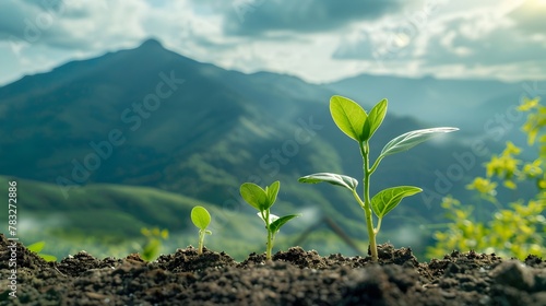 Thriving Sprouts Emerging from Lush Mountainous Landscape Amidst Cloudy Skies