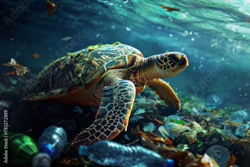Turtles swim in the ocean or sea among plastic bottles and garbage. Concept of plastic water pollution and environmental problem of ocean  environment 