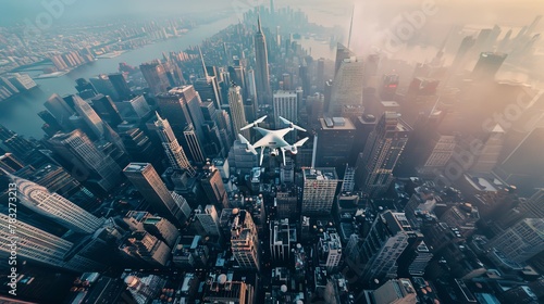 Drone aerial view captures a cityscape dominated by towering skyscrapers and high-rise buildings. The urban landscape is densely packed with structures  showcasing the bustling activity and modern