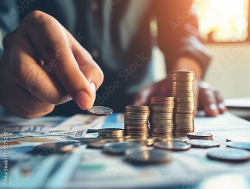 saving money hand putting coins on stack on table, concept finance and accounting photo