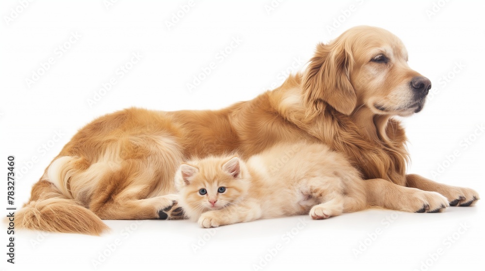 Cat and dog together, isolated on white. Retriever and kitten