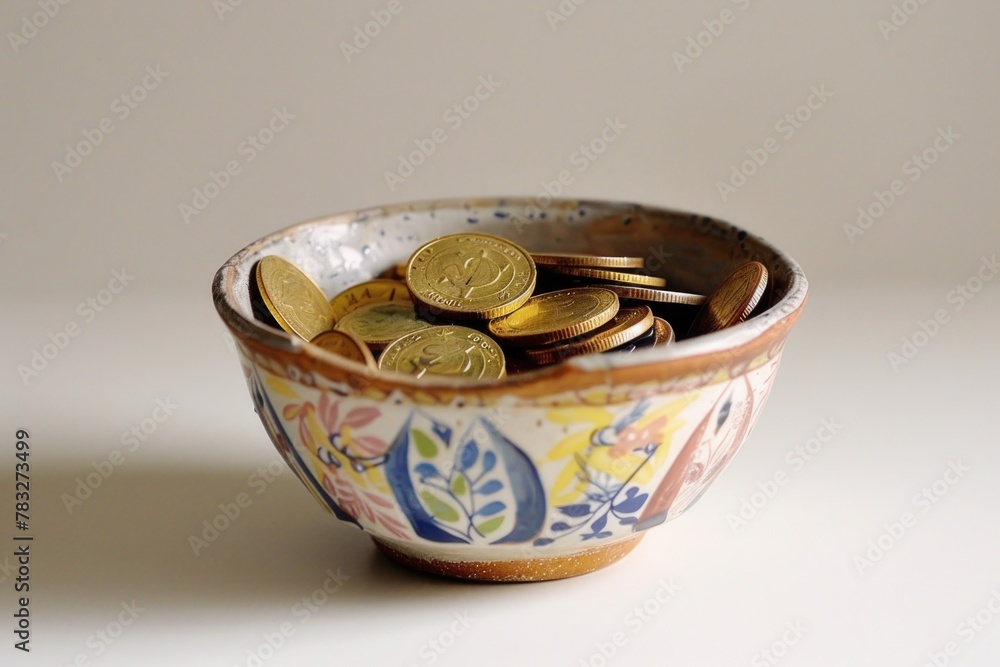 A bowl filled with coins on a table. Suitable for financial concepts A bowl filled with coins on a table. Suitable for financial concepts