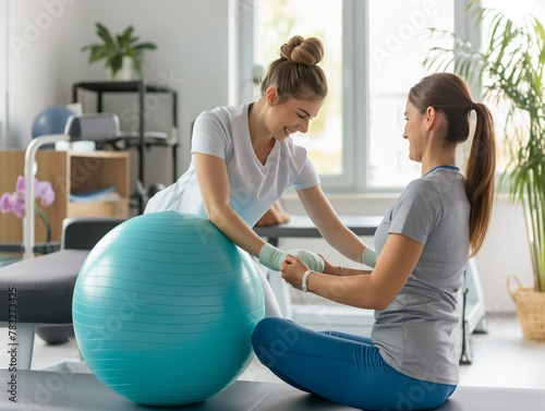 physiotherapist helping patient to do exercise on fitness ball in physio room