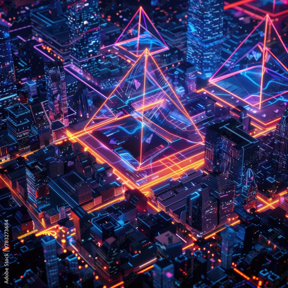 Neon lit triangles in a virtual neon cityscape Neon lit triangles in a virtual neon cityscape
