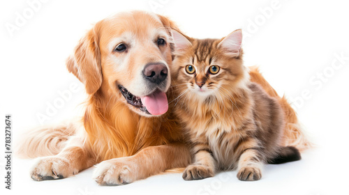 Cat and dog together  isolated on white. Retriever and kitten