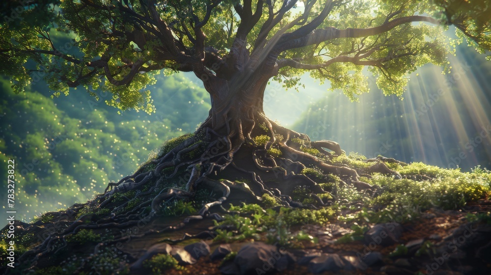 Large tree on lush green hillside Large tree on lush green hillside