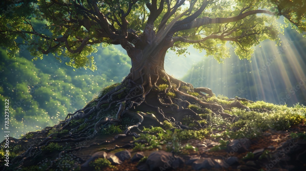 Large tree on lush green hillside